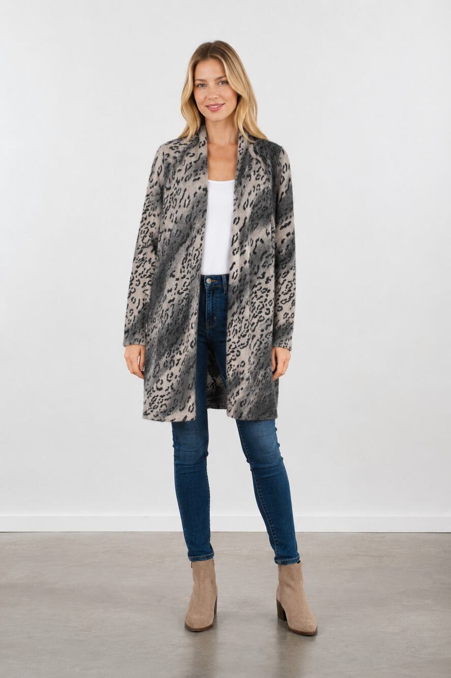 360 Cashmere Animal Print Open Front Long Cardigan Womens Size Medium Grey
